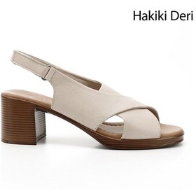 Resim Gönderi(R) Gönderi R Bej Antik Cırt Bantlı Kalın Topuklu Hakiki Deri Sandalet Bej 