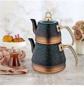 Resim 8200 L - 4 Parça, Bio Granit, Cam Kapaklı, Çaydanlık Seti, Siyah Bakır Gövde, Bakır Detay Gümüş 