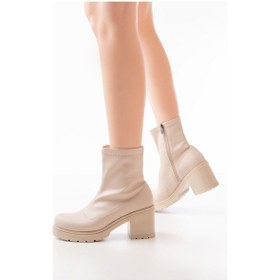 Resim 767-3012 Streç Bej Fermuarlı Kalın Topuklu Günlük Kadın Bot Acı Kahverengi 