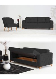 Resim Nola Koltuk Takımı 3+1 & Bazalı Yataklı Koltuk & Kanepe - Keten Antrasit 