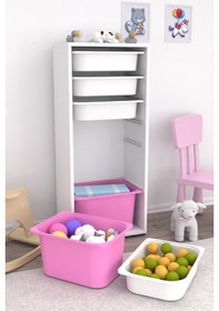 Resim Sepetli Oyuncak Dolabı Pembe Beyaz 2 Büyük 4 Küçük Beyaz - Pembe 