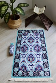 Resim Pratik Ve Taşınabilir Ipek Dokulu Keseli Seccade Çini Desenli S10014 Mavi 