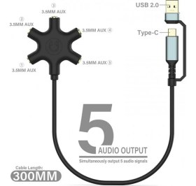 Resim Leonpro USB A Type C Ses Kartı ve 5 Port Kulaklık Çoklayıcı Dağıtıcı Splitter 