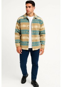 Resim Erkek Desenli Polar Gömlek - Etnik Şerit Desen Yakalı, Uzun Kollu, Düğmeli, Oversize Rahat Kalıp - Sarı Çok Renkli 