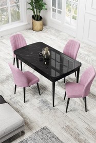 Resim Canisa Par Serisi 70x114, Açılabilir Mdf Yemek Masası Siyah Mermer Desen Masa Ve 4 Pembe Sandalye Takımı 