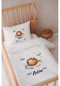 Resim %100 Pamuk Saten Isme Özel Isimli 100x150 Bebek Yatak Nevresim Seti Aslan 2 