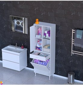 Resim Modilayn Afra 55x173x32,5cm 1 Çekmece, 1 Göz Sepet, 1 Kapak, 4 Raf Dar Alan Banyo Dolabı Beyaz 