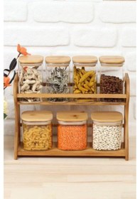 Resim Arow Barok Bambu Standlı 7 Parça Cam Baharat Takımı DC1.TR-2418 Ahşap - Şeffaf 