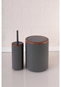 Resim Ahşap Desenli Sallanır Kapak Çizgili Banyo Çöp Kovası Fırça Seti Gri 
