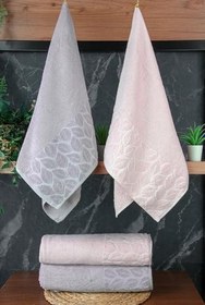 Resim Hazal%100 Pamuklu Kutulu 4'lü Banyo Havlu Seti Hamam Takımı 50x90-90x150 Gri-Pudra - 00081 