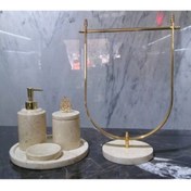 Resim Sümeyra Marble Art Bej Mermer Banyo Seti 4lü Ve Bej Mermer Gold Detaylı Havluluk 