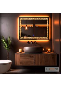 Resim Gleamira Amber Led'li Lazer Kumlamalı Lavabo & Banyo Aynası Dokunmatik Sensörlü 80 X 60 Turuncu 