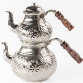 Resim Jumbo Boy Gaziantep Bakır Çaydanlık Takımı El Yıldız İşleme Battal Büyük Boy Üst:1,3 Ml Alt :3,20 Ml Gümüş 