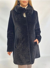 Resim Moda Berray Yakası Kürk Detaylı Broşlu Astragan Kaban Siyah 