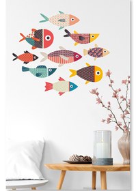 Resim Renkli Desenli Balıklar Dekoratif Çok Amaçlı Banyo, Dolap, Duvar Sticker - 65x56 cm / Karışık Renkli / Deniz Canlıları 
