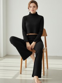 Resim bnchic Kadın Siyah Fitilli Eşofman Takımı - Crop Uzun Kollu Üst & Paça Pantolon, Şık Günlük Set 