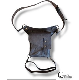 Resim Crow'sRoom El Yapımı Fonksiyonel Deri Bel Ve Bacak Çantası (Kapaklı Model Gri & Yeşil) 