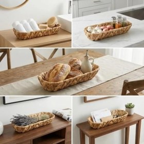 Resim Daisy Store Hasır Oval Ekmek Sepeti ve Çok Amaçlı Düzenleyici, 28X6 cm Doğal Örme Sunum Tabağı, Ince Uzun Baget Ekmeklik, Çatal Kaşık ve Banyo Makyaj Organizeri 