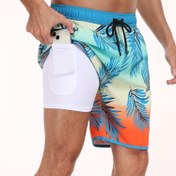 Resim Erkekler için Hızlı Kuruyan Atletik Yüzme Şortu - Yan Cep Detaylı Tropikal Çiçek Desenli Plaj Board Shorts - Sörf, Basketbol ve Antrenman İçin Hafif Polyester Spor Şortları - Turkuaz/Turuncu/Mavi Renklerde Tropikal Yaprak Tasarımı - Makinede Yıkanabilir Erkek Mayo 