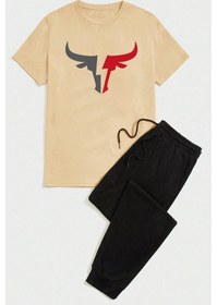 Resim Boğa Baskılı Eşofman Takımı Bej 