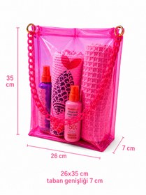 Resim Fulian PINK GLOW - Küçük Boy Transparan Plastik Zincir Askılı Plaj Çantası - Şeffaf Yazlık Omuz Çantası 
