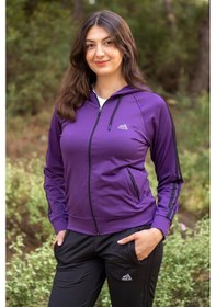 Resim Kadın Mürdüm İki Şeritli Biyeli Fermuarlı Kapüşonlu Spor Eşofman Takımı 21kestax11 001 