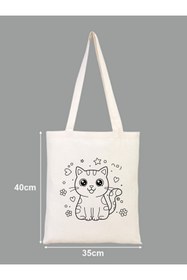 Resim Kedi Temalı Boyama Çantasi Anaokulu Çocuk Etkinlik Boyama Krem Bez Çanta - 35x40 cm, %100 Pamuk Tote Bag 