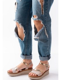 Resim 730-044 Bej Garni Ortopedik Örgü Desenli Hakiki Deri Dolgu Kadın Sandalet Altın - Taba 