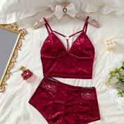 Resim 2 adet Kadın Kırmızı Dantel Kalp Kesim Kadife Pijama Takımı - Ayarlanabilir Strapless Üst & Şort, Seksi İç Giyim Ev & Günlük Giyim için, Bahar/Yaz/Sonbahar için Mükemmel, Yetişkin Bedeni, İç Giyim Takımları|VYaka Tasarımı|Kadife Kumaş 