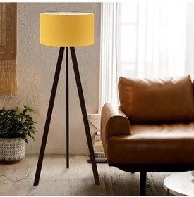 Resim Pratik Tripod Ahşap Ayaklı Lambader Köşe Lambası Sarı Kumaş Salon Oturma Odası Sarı 