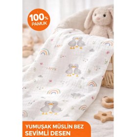 Resim More Home Çok Amaçlı Müslin Örtü, Müslin Bebek Battaniyesi, %100 Pamuk Tek Katlı Müslin BEZ,90X90 cm Duck 