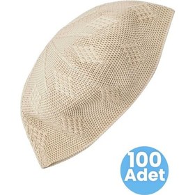 Resim Uniquetrenders 100'lü Dokuma Örgü Desenli Takke Kaliteli Namaz Takkesi Bej 