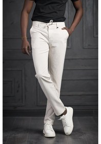 Resim Perpant Slimfit Beli Lastikli Ve İplikli Likralı Çizgili Jogger Pantolon Krem 