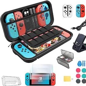 Resim Switch aksesuar paketi, 25'i 1 arada anahtar aksesuar seti, anahtar taşıma çantası, konsol ve J-Con için koruyucu kılıf, ekran koruyucu, ayarlanabilir stand, Switch Game Case ve daha fazlasını içerir 