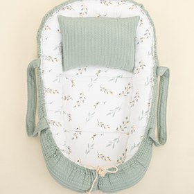 Resim Babynest ve Yastık - Çift Taraflı - Mint Örgü - Yapraklar 