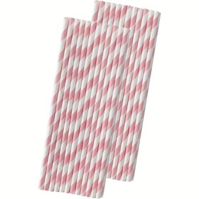 Resim 25 adet açık pembe çizgili kağıt pipet, parti ve içki için şık pipetler 