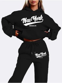 Resim WOODROFFE New York Brooklyn Baskılı Kapüşonlu Alt Üst Oversize Kadın Siyah Gri Eşofman Takımı 
