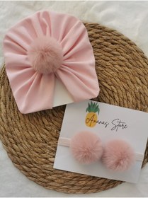 Resim Kız Bebek Pembe Bone Ve Peluş Ponpon Bandana Seti 