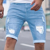 Resim Erkek yırtık skinny kot şort, rahat stil, pamuk karışımı orta esnek kumaş, düz renk, cepli kısa boy 