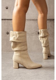 Resim Shoetek Lasmina Kadın Bot Kalın Topuklu Körüklü Bej Süet Bej Süet 