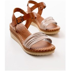 Resim Bej Ortopedik Hakiki Deri Dolgu Kadın Sandalet Çok Renkli 