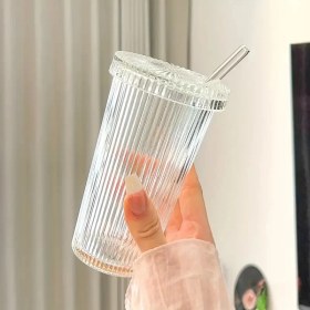 Resim Dezi Cam Kapaklı Pipetli Borosilikat Sunum Bardağı, Isıya Dayanıklı Bardak, Kahve Bardağı 400 ml Latte 