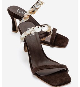 Resim Luvishoes Arund Kahverengi Süet Hakiki Deri Sedef Pul Aksesuarlı Kadın İnce Topuklu Terlik 