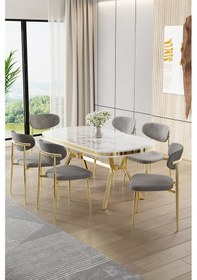 Resim Canisa Olya Serisi 90x168 Lak Panel Beyaz Mermer Desen Masa Takımı Gold Ayaklı 6 Gri Sandalye Masa Beyaz Mermer Gri Sandalye 