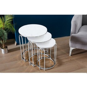 Resim 3' Lü Beyaz Kırılmaz Temperli Cam Nikel Gümüş Ayak Lenka Metal Sehpa Beyaz 