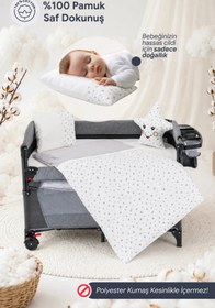 Resim Premium Park Yatak Uyku Seti Bebek Beşik Uyku Seti Pamuklu Kumaş 6 Parça - Gri 