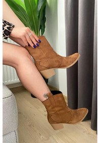 Resim Kadın Taba Süet Kısa Topuklu Kovboy Bot Taba Süet 