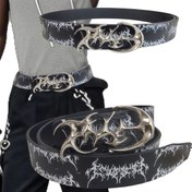 Resim Alien Punk Gothic Rock Çift Düğmeli Kemer - Karanlık Motosiklet Sokak Stili ile Zengin Toka Tasarımı, Erkekler için Suni Deri Kemer, Sokak Modası Aksesuarı | Keskin Aksesuar | Parlak Bitiş 