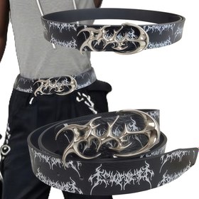 Resim Alien Punk Gothic Rock Çift Düğmeli Kemer - Karanlık Motosiklet Sokak Stili ile Zengin Toka Tasarımı, Erkekler için Suni Deri Kemer, Sokak Modası Aksesuarı | Keskin Aksesuar | Parlak Bitiş 