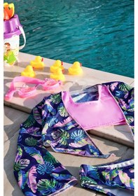 Resim Mayom Kız Çocuk Yaprak Desenli Pareolu Bikini Takımı 3'lü Set-lacivert-pembe Lacivert - Pembe 